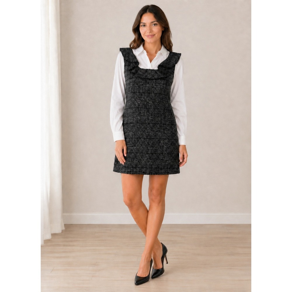 ZARA Dark Academia Preppy Dress Womens Medium Gray White Cotton Tweed Blend NEW